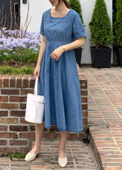Natural V Neck Cinched Clothes Sewing Blue Robe Dress