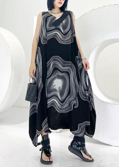 Natural V Neck Zippered Linen Dresses Wardrobes Black Print Dress