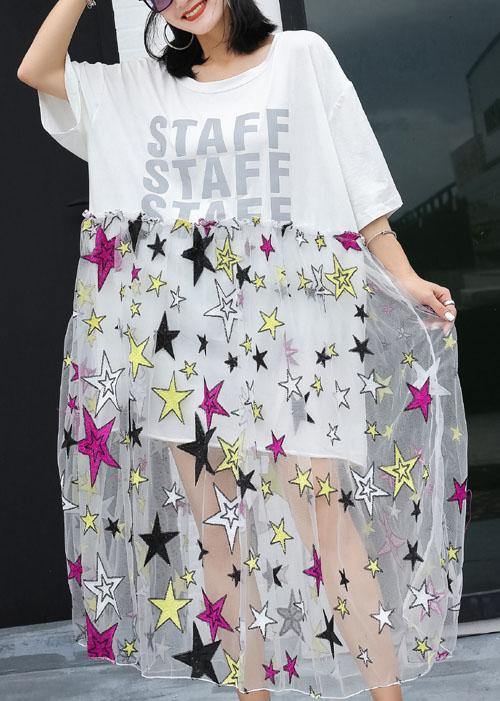 Natural White Alphabet Prints Cotton Clothes Patchwork Summer Dress