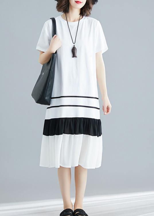 Natural White Blended Tunic Dress Patchwork Loose Summer Dress