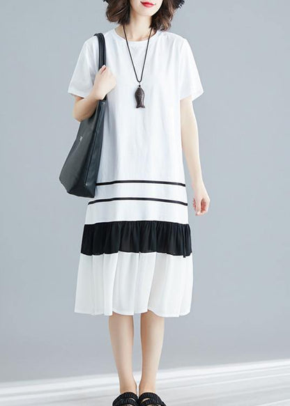Natural White Blended Tunic Dress Patchwork Loose Summer Dress