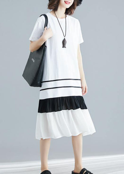 Natural White Blended Tunic Dress Patchwork Loose Summer Dress