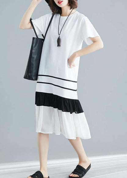 Natural White Blended Tunic Dress Patchwork Loose Summer Dress