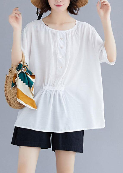Natural White Cotton Blouse O Neck Half Sleeve Loose Summer Top