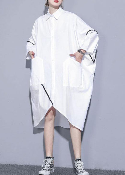 Natural White Cotton Clothes for Lapel Pockets Patchwork Cotton Dress