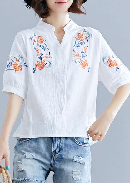 Natural White Embroidery Linen Clothes Work Outfits V Neck Summer Blouses