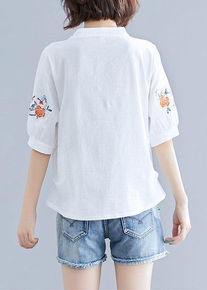 Natural White Embroidery Linen Clothes Work Outfits V Neck Summer Blouses