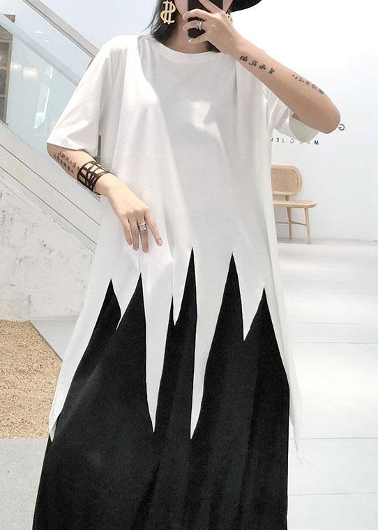 Natural White O Neck Cotton Clothes for Asymmetric Hem Silhouette Summer Top
