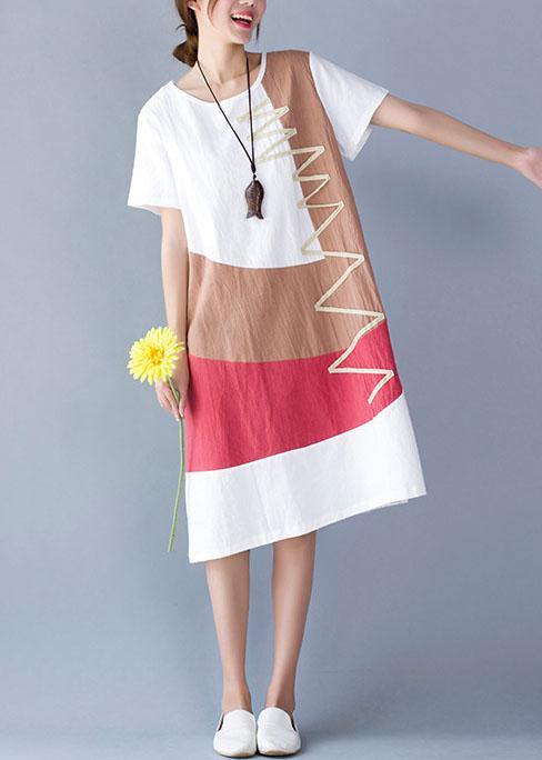 Natural White Patchwork Color Cotton Linen Wardrobes Short Sleeve Loose Summer Dresses