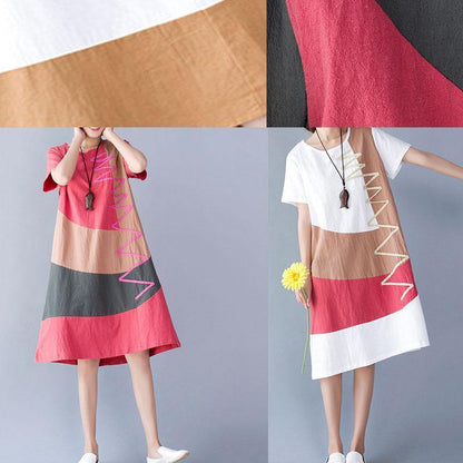 Natural White Patchwork Color Cotton Linen Wardrobes Short Sleeve Loose Summer Dresses