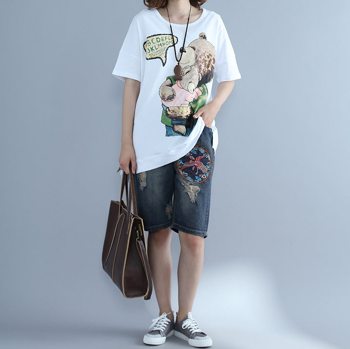 Natural White Print Cotton Clothes Omychic Photography Batwing Sleeve O Neck Top