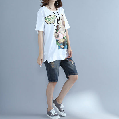 Natural White Print Cotton Clothes Omychic Photography Batwing Sleeve O Neck Top
