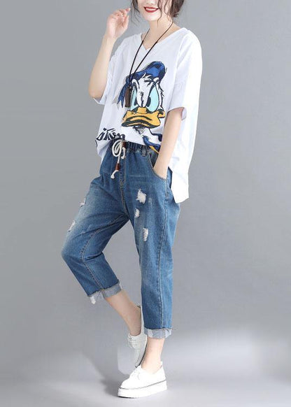 Natural White Prints Cotton Tunic V Neck Box Summer Blouses