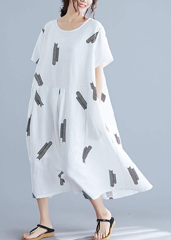 Natural Cinched Cotton Long Shirts Wardrobes White Prints Dress Summer