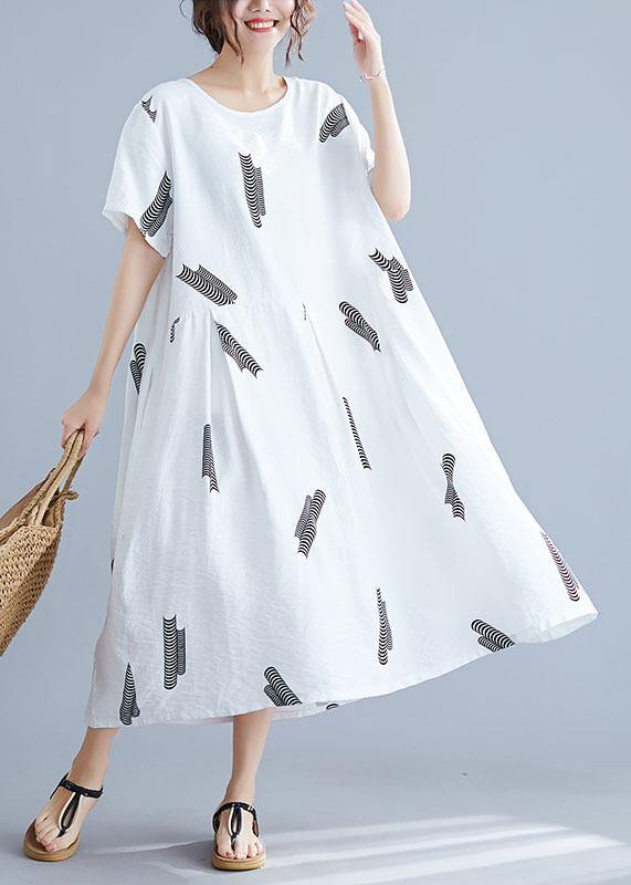 Natural Cinched Cotton Long Shirts Wardrobes White Prints Dress Summer