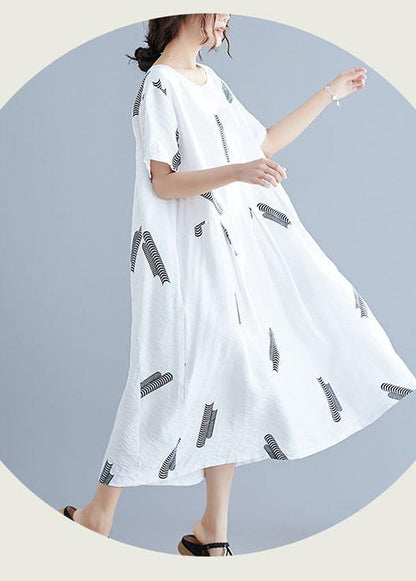 Natural Cinched Cotton Long Shirts Wardrobes White Prints Dress Summer