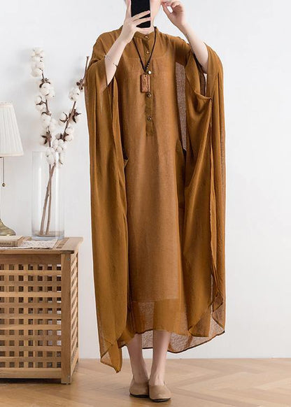 Natural Yellow Chiffon Robes Shape Stand Collar Batwing Sleeve Dress