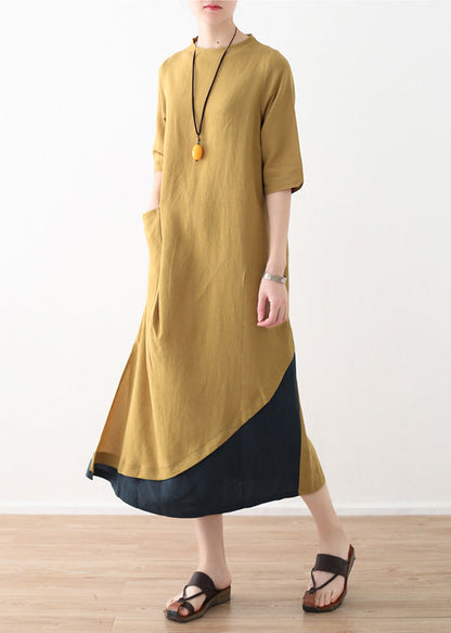 Natural Yellow Cotton Linen Quilting Dresses Design Side Open Daily Summer Dresses