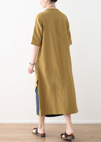 Natural Yellow Cotton Linen Quilting Dresses Design Side Open Daily Summer Dresses
