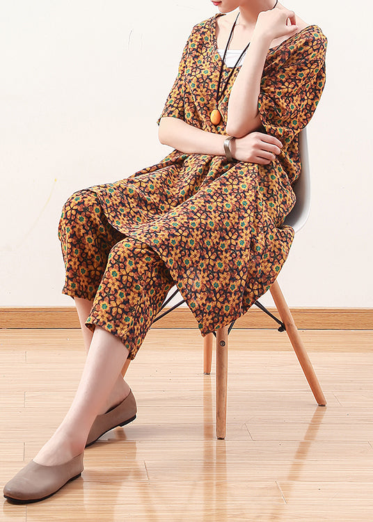 Natural Yellow Linen Tops Fine Photography V Neck Crop Pants Shift Summer Two Pieces