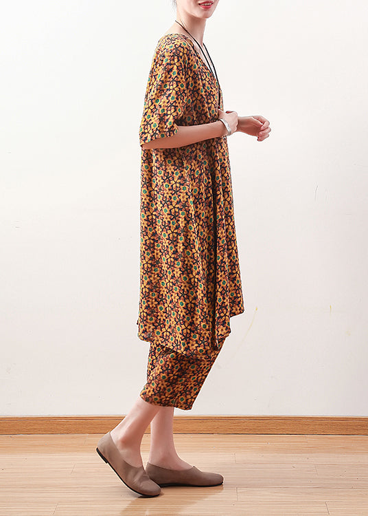 Natural Yellow Linen Tops Fine Photography V Neck Crop Pants Shift Summer Two Pieces