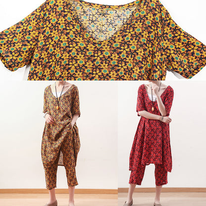 Natural Yellow Linen Tops Fine Photography V Neck Crop Pants Shift Summer Two Pieces