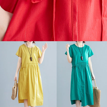 Natural Yellow Linen Cotton Robes O Neck Drawstring Maxi Summer Dresses