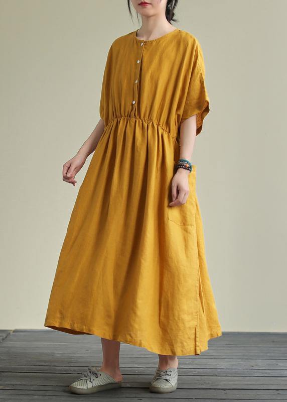 Natural Yellow Linen Outfit O Neck Elastic Waist Linen Robes Summer Dresses