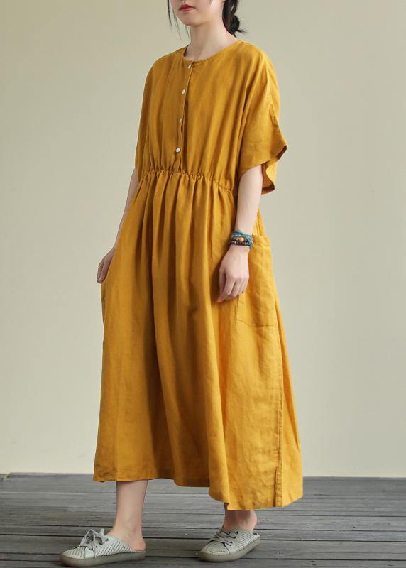 Natural Yellow Linen Outfit O Neck Elastic Waist Linen Robes Summer Dresses