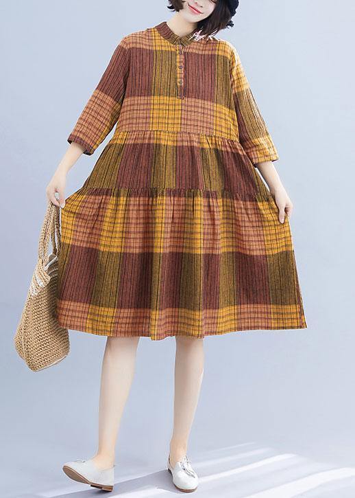 Natural Yellow Plaid Linen Clothes for Stand Collar Maxi Summer Dresses