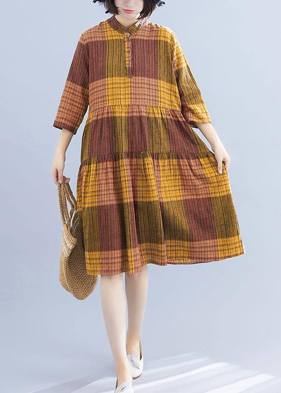 Natural Yellow Plaid Linen Clothes for Stand Collar Maxi Summer Dresses