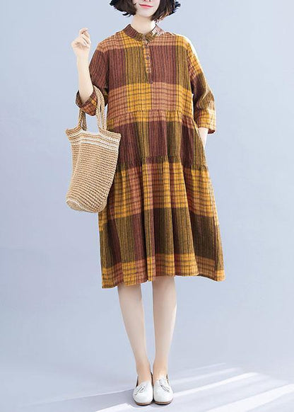 Natural Yellow Plaid Linen Clothes for Stand Collar Maxi Summer Dresses