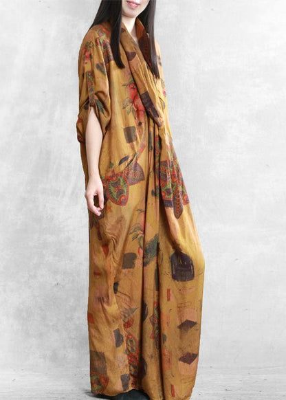 Natural Yellow Print Cotton Dress Silhouette V Neck Asymmetric Summer Dress
