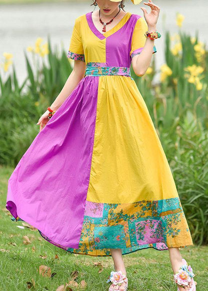 Natural Yellow Purple Print Cotton Tunics V Neck Patchwork Maxi Summer Dress