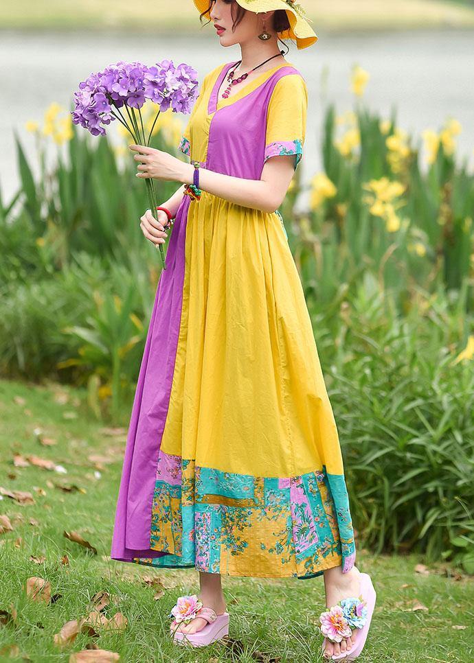 Natural Yellow Purple Print Cotton Tunics V Neck Patchwork Maxi Summer Dress