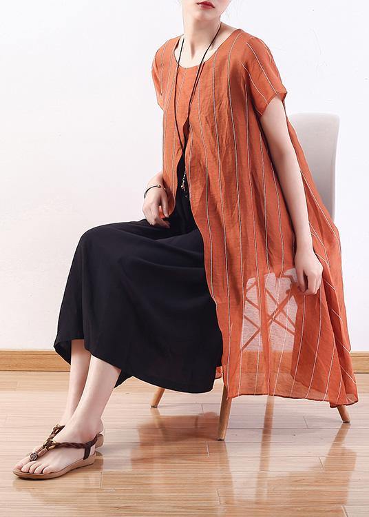 Natural Yellow Striped Blended Tunics for False Two Pieces Cotton Summer Dress