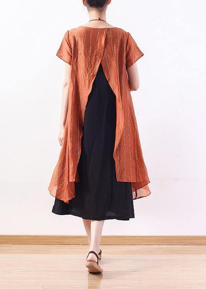 Natural Yellow Striped Blended Tunics for False Two Pieces Cotton Summer Dress