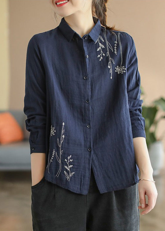 Navy Blue Embroideried Cotton Shirt Spring