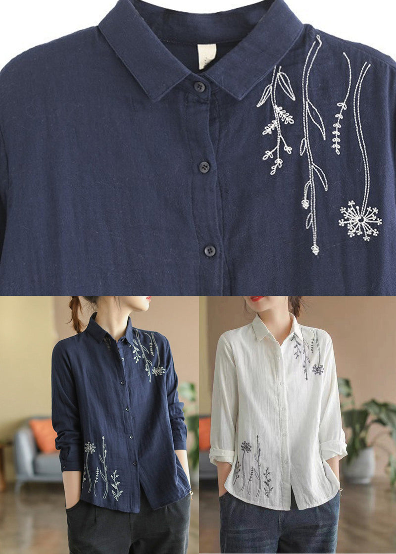 Navy Blue Embroideried Cotton Shirt Spring