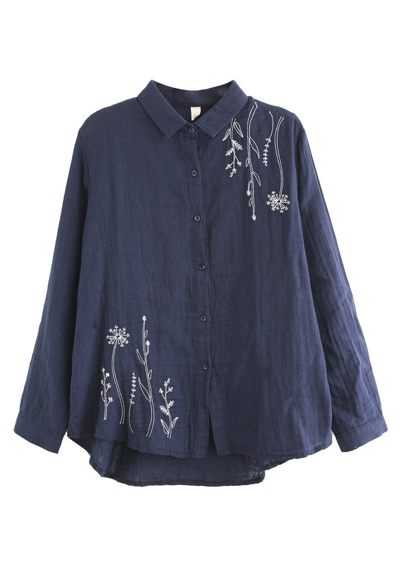 Navy Blue Embroideried Cotton Shirt Spring