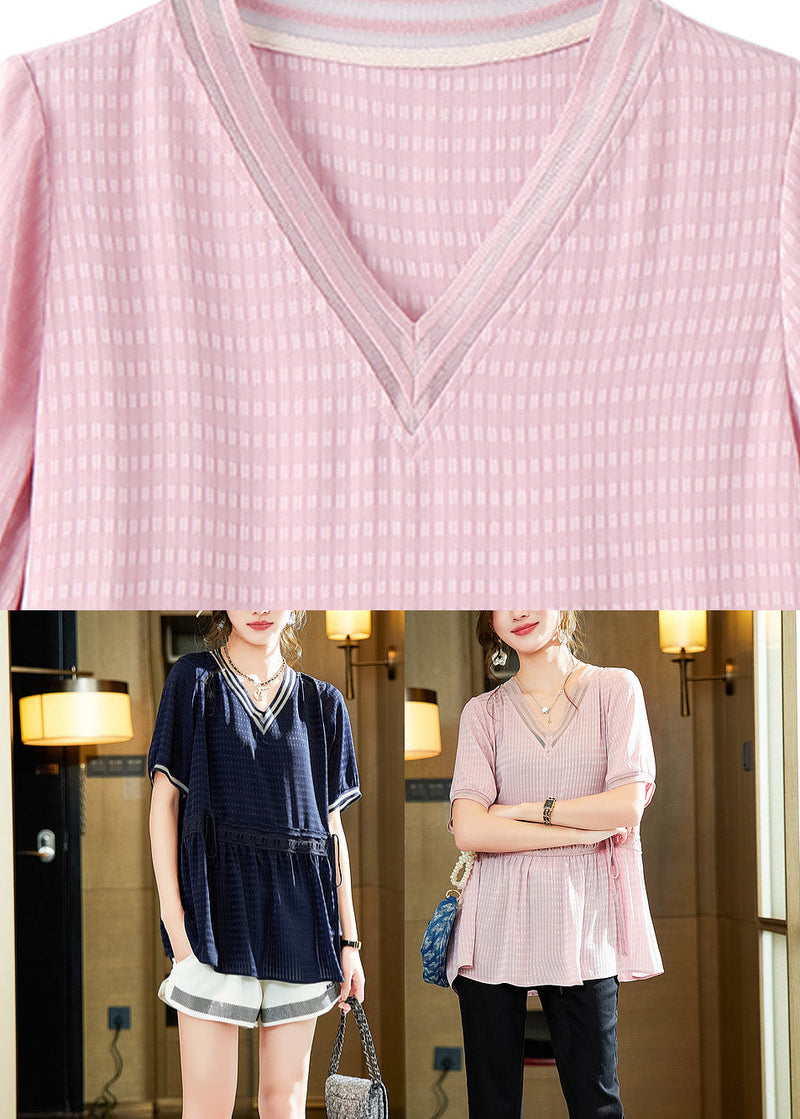 Navy Blue Patchwork Wrinkled Tie Waist Tops Summer