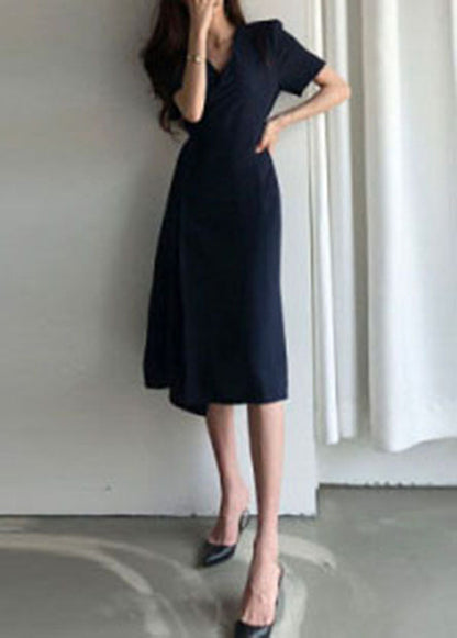 Navy Button Cotton Holiday Slim Fit Dress Short Sleeve