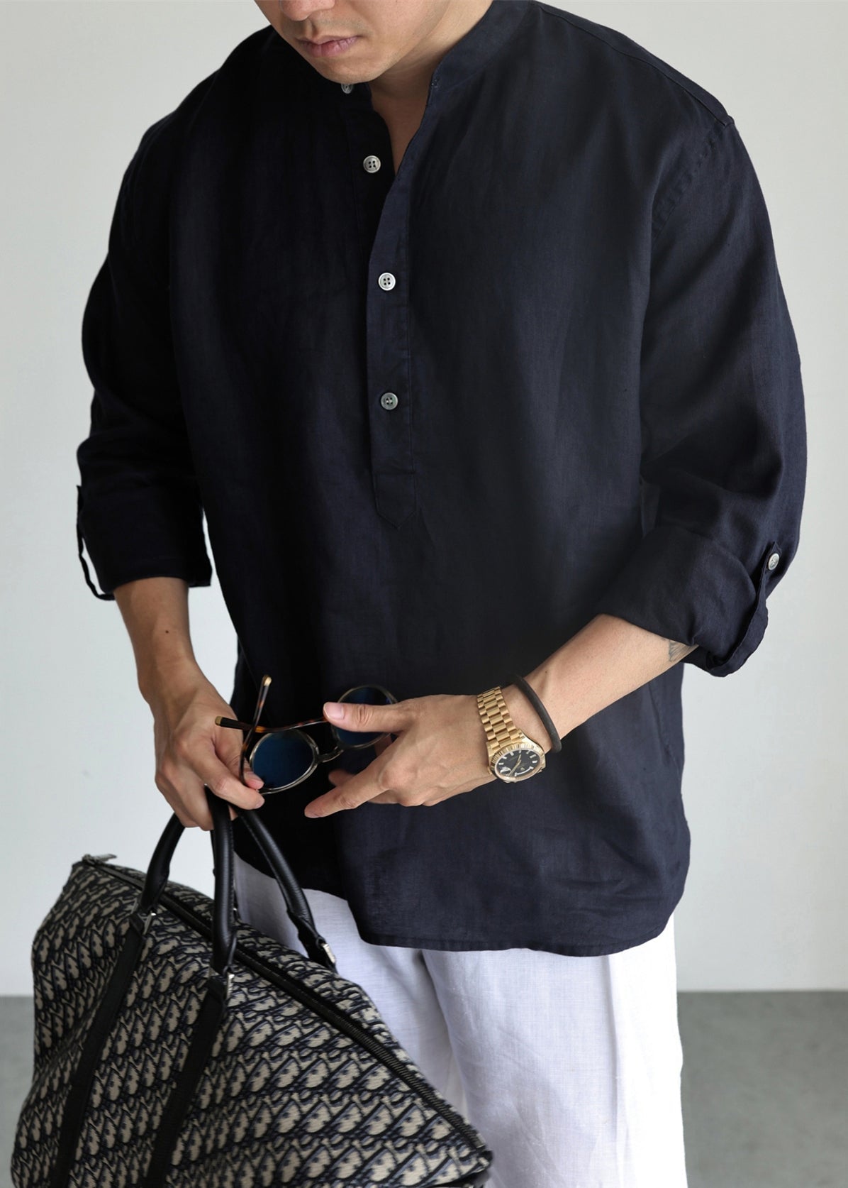 Navy Button Solid Loose Linen Shirts Mens Stand Collar