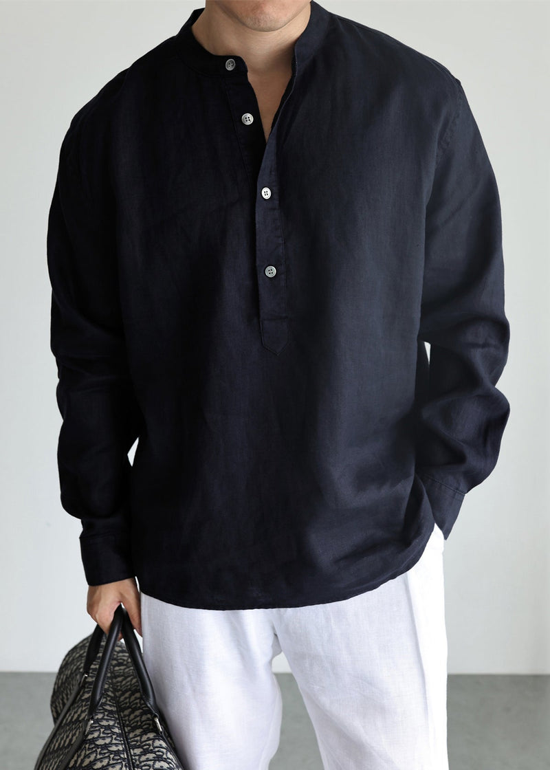 Navy Button Loose Linen Shirts Stand Collar