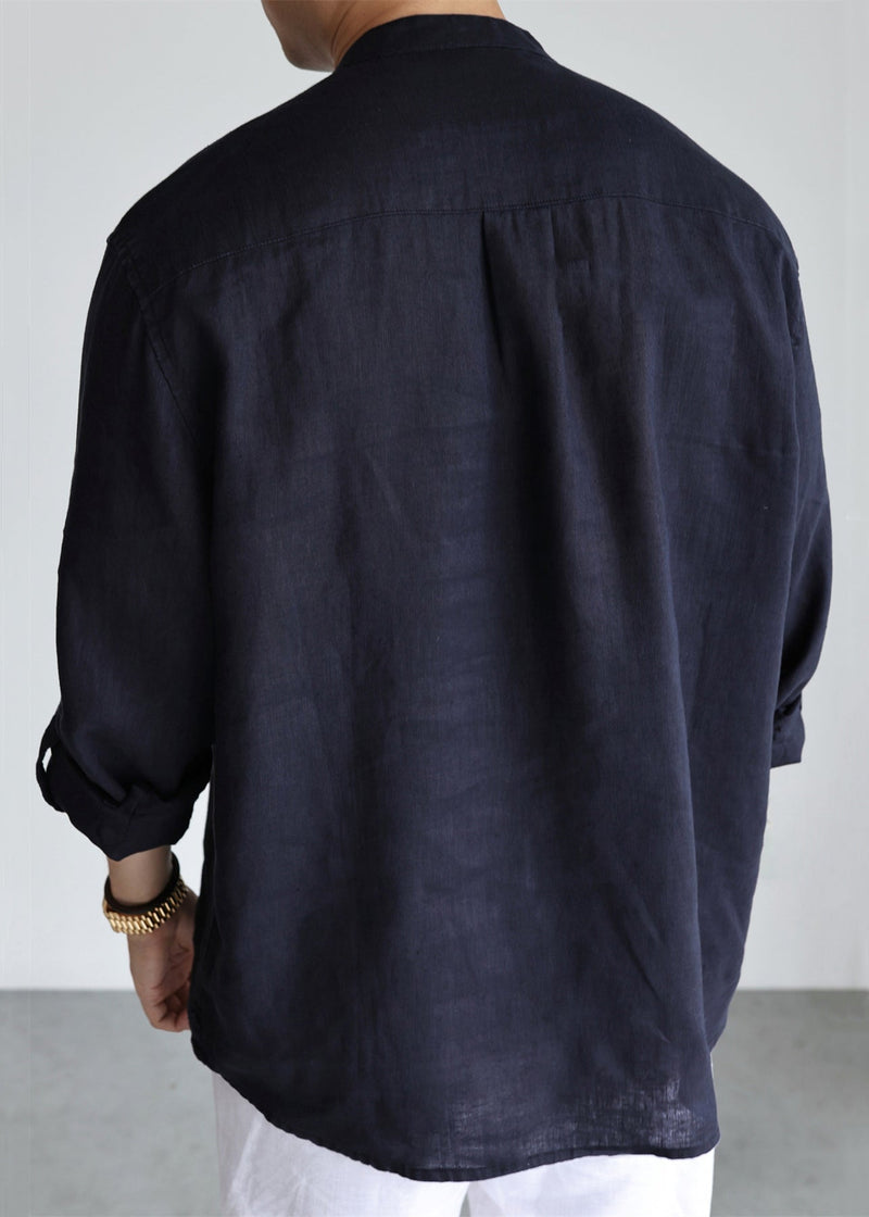 Navy Button Loose Linen Shirts Stand Collar