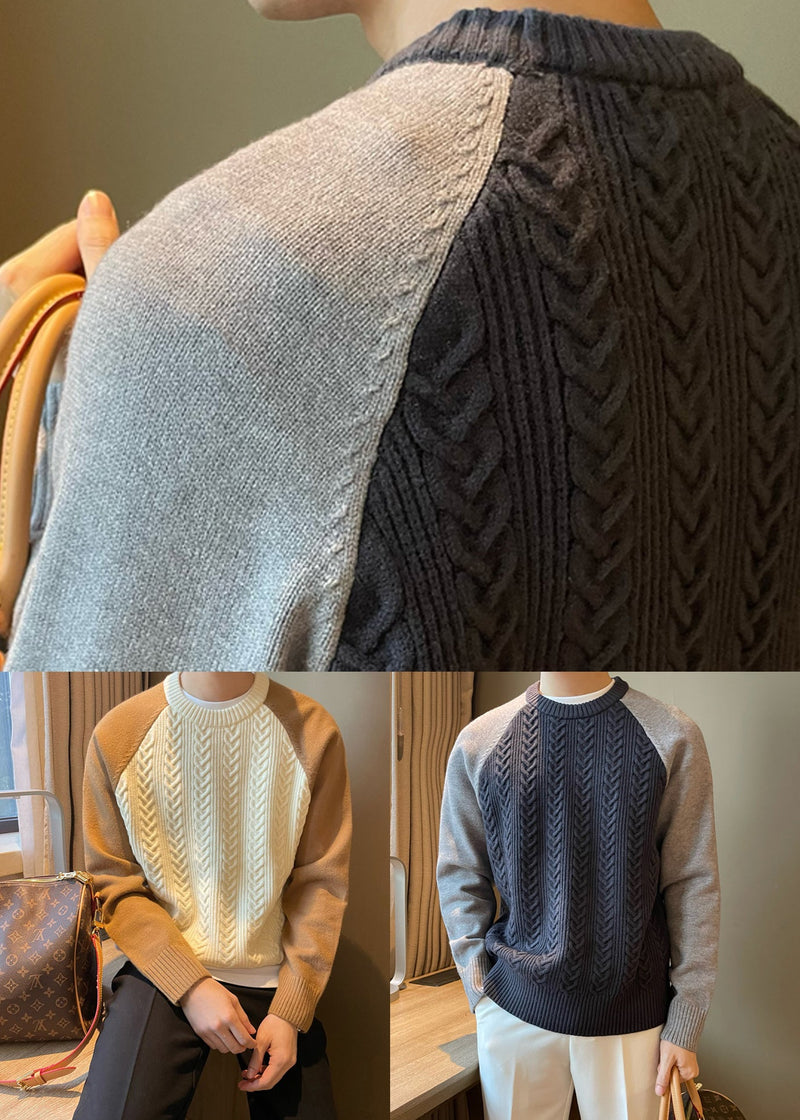 Navy Cozy Patchwork Cable Knit Fall Sweaters O Neck