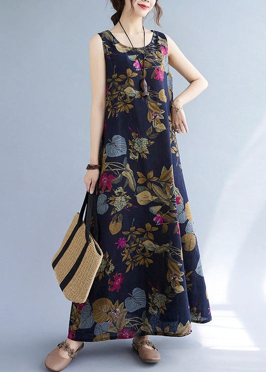 Navy Leaves Print O-neck Short Sleeve Pleated Summer