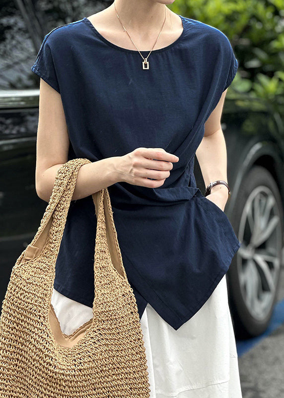 Navy O-neck Asymmetrical Top Mmer