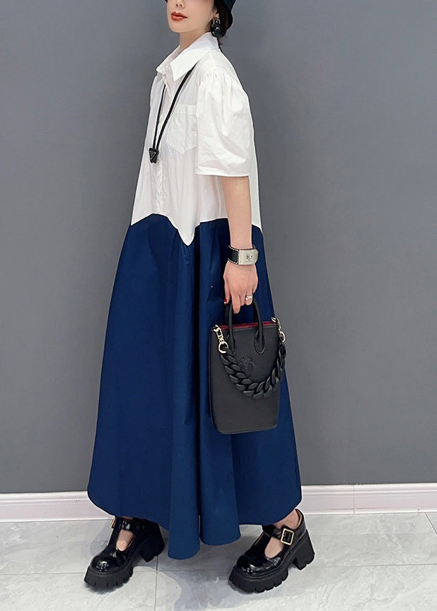 Navy Patchwork Cotton a Line Dress Slim Fit Summer