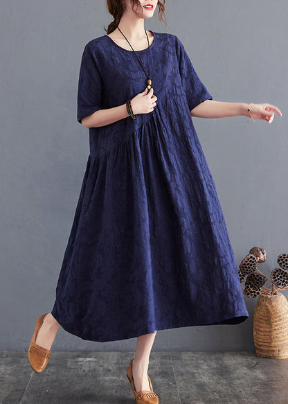 Navy Patchwork Cotton Dresses O-neck Wrinkled Summer